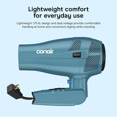 Miniatura 6 de Secador de pelo iónico Conair de 1875 W con mango plegable y guardacables, Azul Cable retráctil con mango plegable de doble voltaje de 1875 W