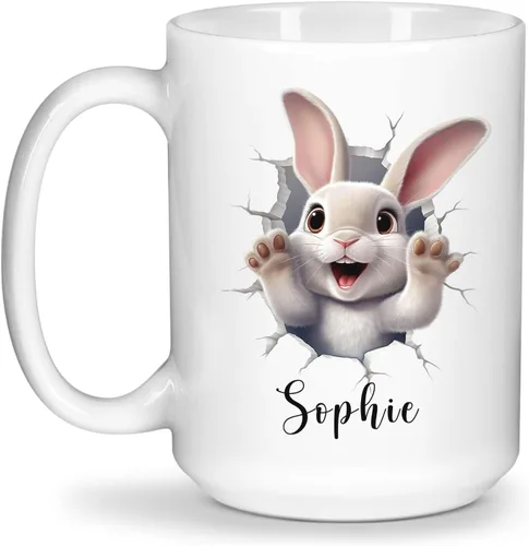 Miniatura 10 de Taza de viaje de cerámica personalizada de conejo, taza con nombre personalizado para los amantes de los conejos, taza de té con nombre temático