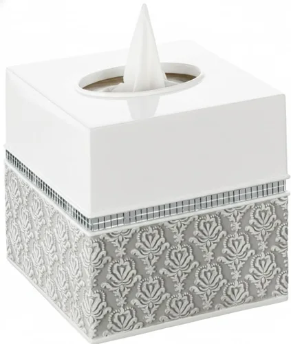 Miniatura 15 de Creative Scents Juego completo de accesorios de baño de damasco de espejo, juego de baño decorativo de 4 piezas blanco y gris incluye: dispensador