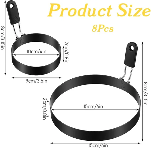 Miniatura 2 de Juego de 8 anillos de huevo de 3.5 pulgadas, molde para panqueques de 6 pulgadas con mango de silicona, anillo de huevo para panqueques, moldes