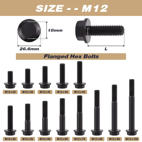 Miniatura 6 de M12-1.75 x 50 mm (6 piezas) Tornillos de perno hexagonal con brida acabado negro óxido, grado 10.9 acero de aleación, perno de cabeza de arandela