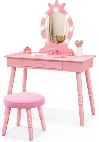 HONEY JOY - Juego de tocador para niños con luces, mesa de maquillaje de madera para princesas y taburete con cajón, luces LED de 3 colores, tocador