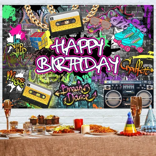 Miniatura 4 de Withu Graffiti - Telón de fondo de cumpleaños de los años 80 y 90, arte urbano retro, pared de ladrillo, hip-hop, rock, neón, fondo de fotos