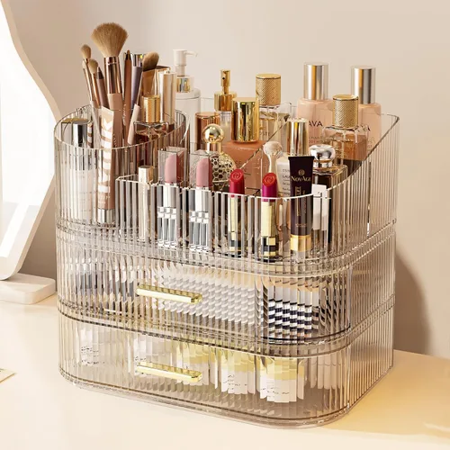 Miniatura 8 de Organizador de maquillaje con soporte para brochas giratorio de 360° y cajones apilables, estuche de exhibición de cosméticos para tocador, encimera