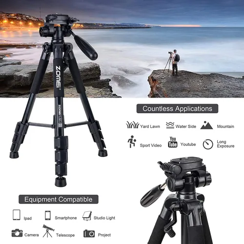 Miniatura 4 de Trípode para cámara de 55 pulgadas Q111 con soporte para teléfono, trípode para celular portátil y ligero para Canon Nikon Sony DSLR, proyector