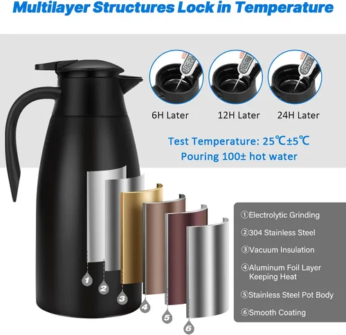 Miniatura 4 de Jarras térmicas de café de 68 onzas para mantener el calor, jarra térmica de acero inoxidable de 2 litros, jarra aislada al vacío de doble pared