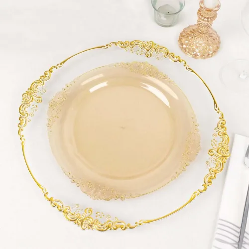 Miniatura 12 de Tableclothsfactory Paquete de 10 platos redondos de plástico barroco dorado de 8 pulgadas para ensalada de postre, vajilla desechable con borde