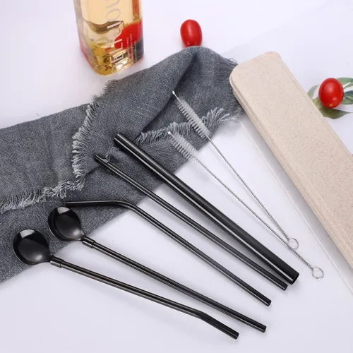 Miniatura 2 de Hoshen Juego de 7 cucharas de paja de acero inoxidable negro, popote reutilizable de 8.5 pulgadas, con estuche de transporte