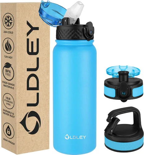 Miniatura 29 de Botella de agua aislada Oldley de 12 oz con pajita, botella de agua de acero inoxidable con 2 tapas, botellas de doble pared con vacío para adultos