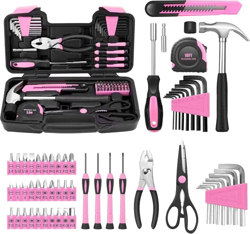 Juego de herramientas para el hogar de 58 piezas, color rosa, kit de herramientas manuales para el hogar, kit de herramientas pequeñas con caja de