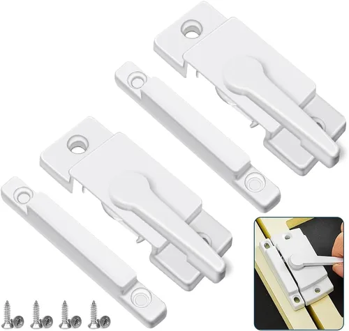 Cerraduras deslizantes para ventana, color blanco, paquete de 2 cerraduras de leva para doble colgado de ventana, cerradura de vinilo de seguridad,