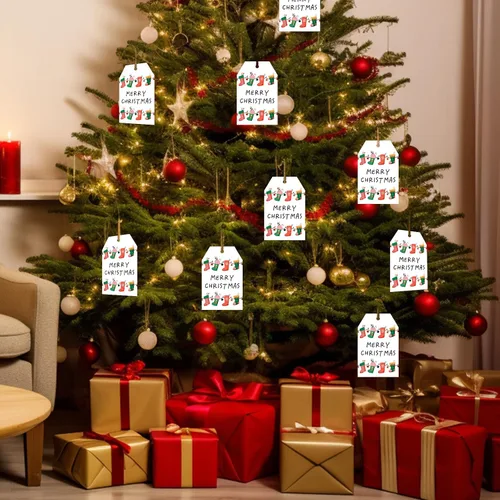 Miniatura 6 de joycraft 50 etiquetas de Feliz Navidad con cuerda - 3.3 x 2.1 pulgadas etiquetas blancas de papel con calcetín navideño, etiquetas colgantes