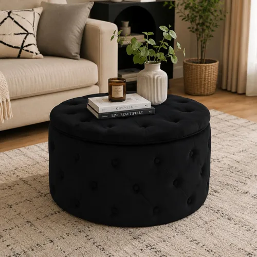 Miniatura 2 de Homebeez Otomana redonda de terciopelo de 24.8 pulgadas, reposapiés con botones copetudos, mesa de centro para sala de estar, color negro