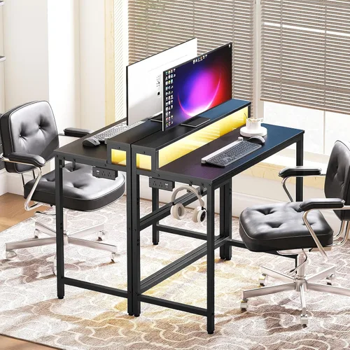 Miniatura 4 de YATINEY Escritorio pequeño para computadora con estación de carga y luces LED, escritorio para juegos con soporte para monitor, escritorio