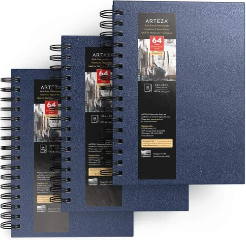 Miniatura 2 de ARTEZA Cuadernos de bocetos de acuarela, juego de 3, 64 páginas por libro, 5.5 x 8.5 pulgadas, cuadernos de espiral de tapa dura azul, papel