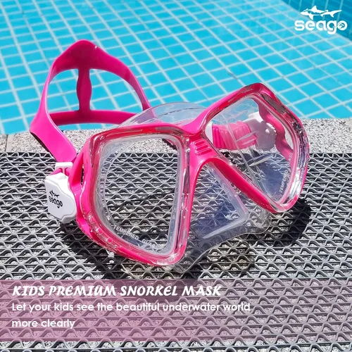 Miniatura 5 de Seago Gafas de natación para niños con cubierta para la nariz, máscara de esnórquel, máscara de buceo y natación, vidrio templado antivaho con Rojo