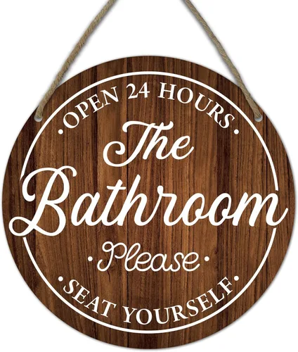 Miniatura 6 de Divertidos letreros decorativos para baño, con texto en inglés «Bathroom Open 24 Hours Please Seat Yourself», letrero colgante de madera rústica