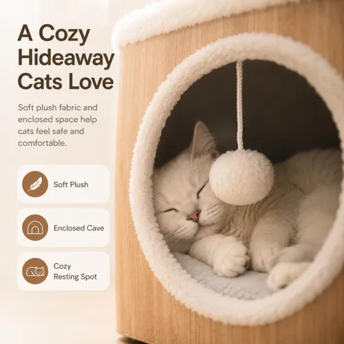 Miniatura 3 de Casa de condominio para gatos con cojines reversibles y bola esponjosa colgante, cubo plegable para gatos, cama cueva grande para gatitos