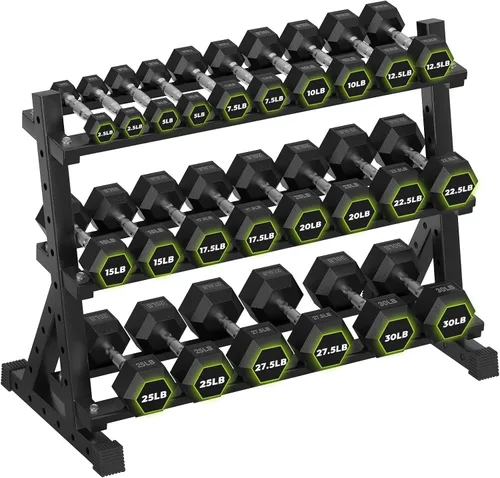 HANDBODE Soporte para mancuernas de 3 niveles, estante de almacenamiento de capacidad de 1000 libras, estante de pesas para mancuernas, pesas rusas,