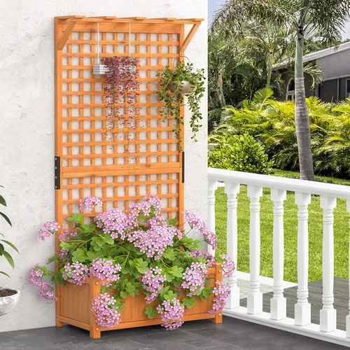 Miniatura 2 de S AFSTAR Cama de jardín elevada con enrejado, maceta elevada de madera con techo colgante y enrejado trepador, 4 agujeros de drenaje, contenedor