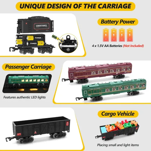 Miniatura 5 de Juego de tren para niños, tren de locomotora de vapor con coche de carbón, vagón de pasajeros, coche de carga y pistas largas, kits de tren