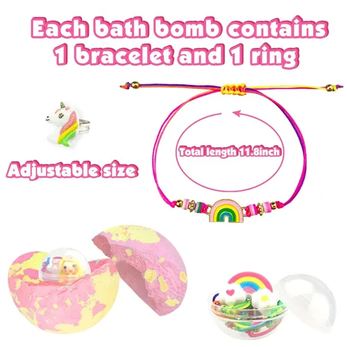 Miniatura 2 de Bombas de baño para niños con sorpresa en el interior, 6 bombas de baño grandes de burbujas orgánicas para niños con pulseras y anillos, juguetes