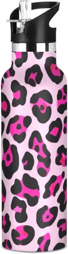 Kids Water Bottle Leakproof Sports Water Bottle for Boys Girls 20oz, BPA-Free, Leopard Print Pink Black