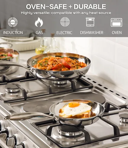 Miniatura 6 de USELUCK Sartén de acero inoxidable de 10 pulgadas, sartén revestida de acero inoxidable de 3 capas con tapa, duradera y uniforme, utensilios