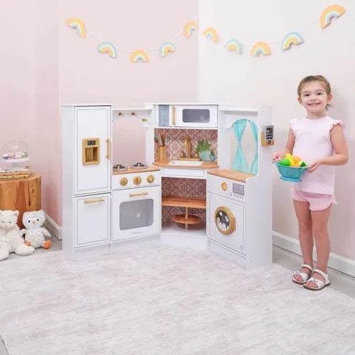 Miniatura 2 de KidKraft Ultimate - Cocina de esquina de madera con luces y sonidos, teléfono de juego y cortinas, blanco Lazy Susan, cortinas, se adapta a dos