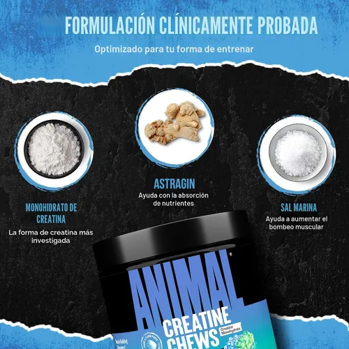 Miniatura 5 de Animal Gomitas de Creatina – Tabletas masticables mejoradas de monohidrato de creatina con AstraGin y sal marina, máxima absorción pre