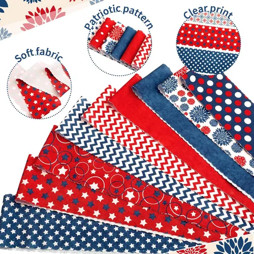 Miniatura 5 de Hosuly 40 piezas de tela patriótica del 4 de julio, tela roja, blanca y azul, bandera estadounidense, estrella, tira de acolchado de 2.55 pulgadas