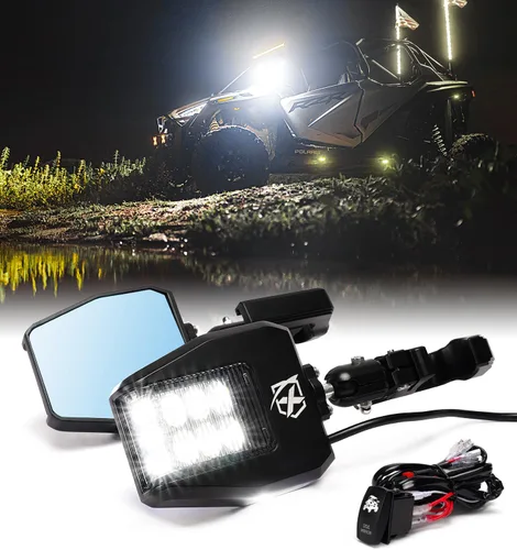 Miniatura 9 de Xprite UTV - Espejos LED de visión lateral de aluminio con luces de charco, se adapta a barra de jaula enrollable de 1.75 a 2 pulgadas para Polaris