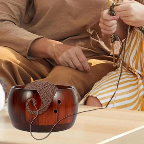 Miniatura 4 de Joyeee Cuenco de almacenamiento de hilo de madera hecho a mano, 6 pulgadas con agujeros tallados y perforados, regalo para entusiastas de tejer