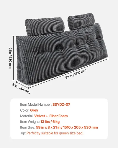 Miniatura 7 de VEVOR Almohada de cabecero, almohada de cabecera tamaño queen con forma de cuña con 2 bolsillos laterales y 2 reposacabezas, almohada de cuña