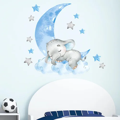 Miniatura 2 de Calcomanías de pared de elefante azul dormido, diseño de luna y estrellas de sacinora para bricolaje, vinilo extraíble, despegar y pegar para niños