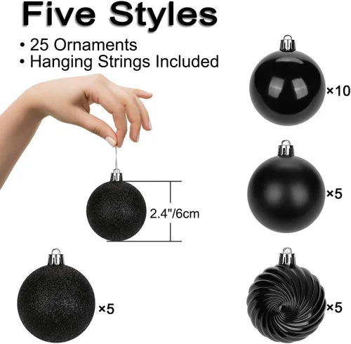Miniatura 5 de Adornos de bolas de Navidad negras de 2.36 pulgadas, 25 piezas inastillables, set de adornos de Navidad, bolas de Halloween, adorno negro para árbol