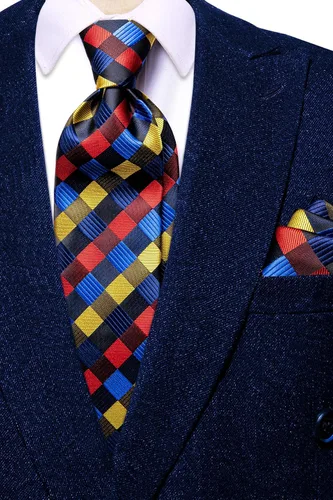 Miniatura 61 de Hi-Tie Corbata clásica de cachemira para hombre con pañuelo y gemelos a cuadros