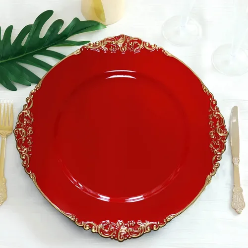 Miniatura 15 de Tableclothsfactory Paquete de 6 platos barrocos redondos de oro transparente de 13 pulgadas, borde en relieve de hojas para decoración de mesa