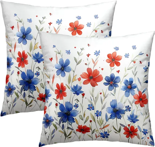 Miniatura 39 de Juego de 2 fundas de cojín decorativas con bandera americana y flores de amapola roja y azul, 16 x 16 pulgadas, fundas cuadradas para sofá, sillón