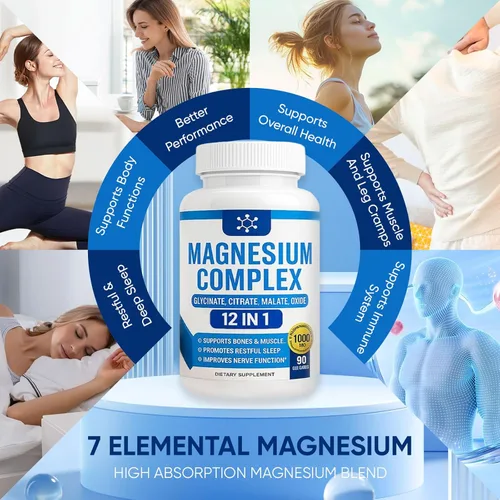 Complejo de magnesio 7 Suplemento elemental – Complejo de magnesio 1000mg Formas incluyendo glicinato, citrato, malato, taurato quelado | Apoyo