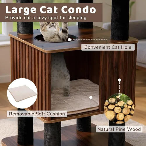 Miniatura 5 de PETSITE Árbol de madera para gatos de 64 pulgadas, torre para gatos moderna de varios niveles con postes rascadores, amplio condominio con agujero