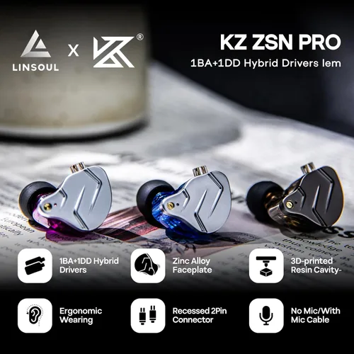 Miniatura 2 de Linsoul KZ ZSN Pro Dual Driver 1BA+1DD Hybrid Metal Earphones HiFi in-Ear Monitor with Detachable Recessed 2Pin Cable, Zin Alloy Panel
