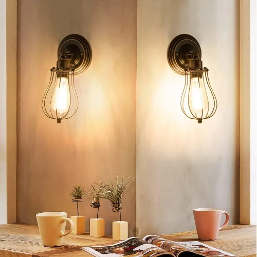 Miniatura 2 de Luces de pared estilo rústico americano, estilo vintage, enchufe ajustable, iluminación industrial, apliques de jaula de metal de alambre rústico