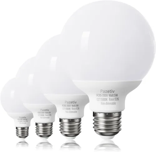 Paquete de 4 bombillas LED de luz diurna para baño, equivalente a 120 V 60 vatios, base media E26, bombillas redondas no regulables, bombillas LED