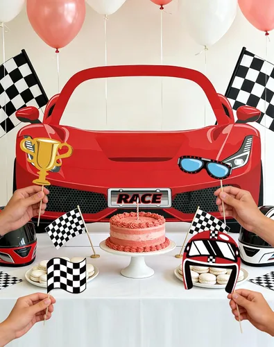Miniatura 4 de Juego de accesorios para cabina de fotos de autos de carreras, soporte de cartulina roja para fiesta de cumpleaños, baby shower, suministros