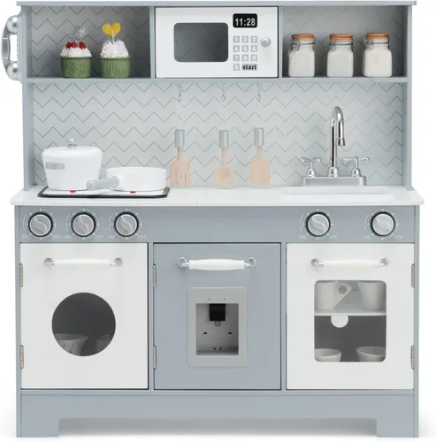 KOTEK Juego de cocina de madera para niños pequeños con dispensador de agua y estufas/luces y sonidos, microondas, horno, teléfono y utensilios de