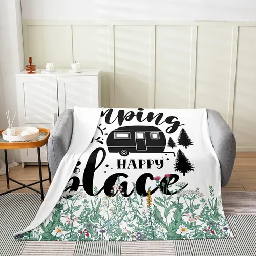 Miniatura 30 de jejeloiu Manta de cama de campamento para todas las estaciones, manta de franela de vellón con temática de campamento feliz, manta peluda de madera