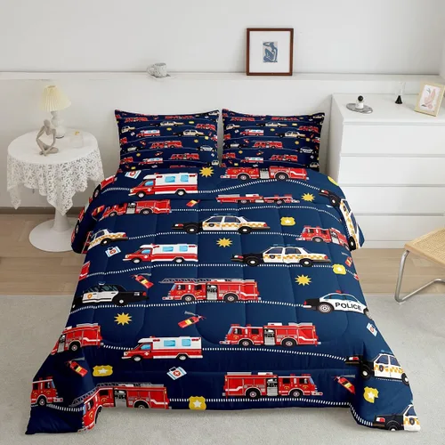 Feelyou Juego de ropa de cama de camión de bomberos, edredón de coche de bomberos y policía para decoración de habitación de niños, tamaño Multi D05