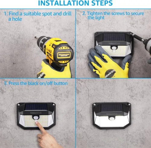 Miniatura 7 de TORCHSTAR Luces solares con sensor de movimiento para exteriores, IP65, impermeable, inalámbrica, iluminación de pared para exteriores, para Negro