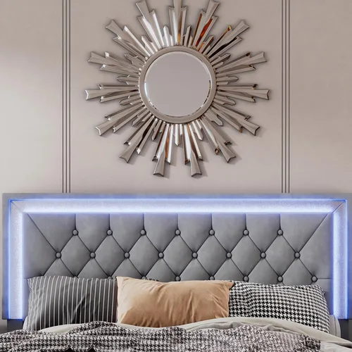 Miniatura 4 de Linique Base de cama tapizada tamaño Queen con luces LED, cama moderna de plataforma de terciopelo de madera con cabecera capitonada con botones